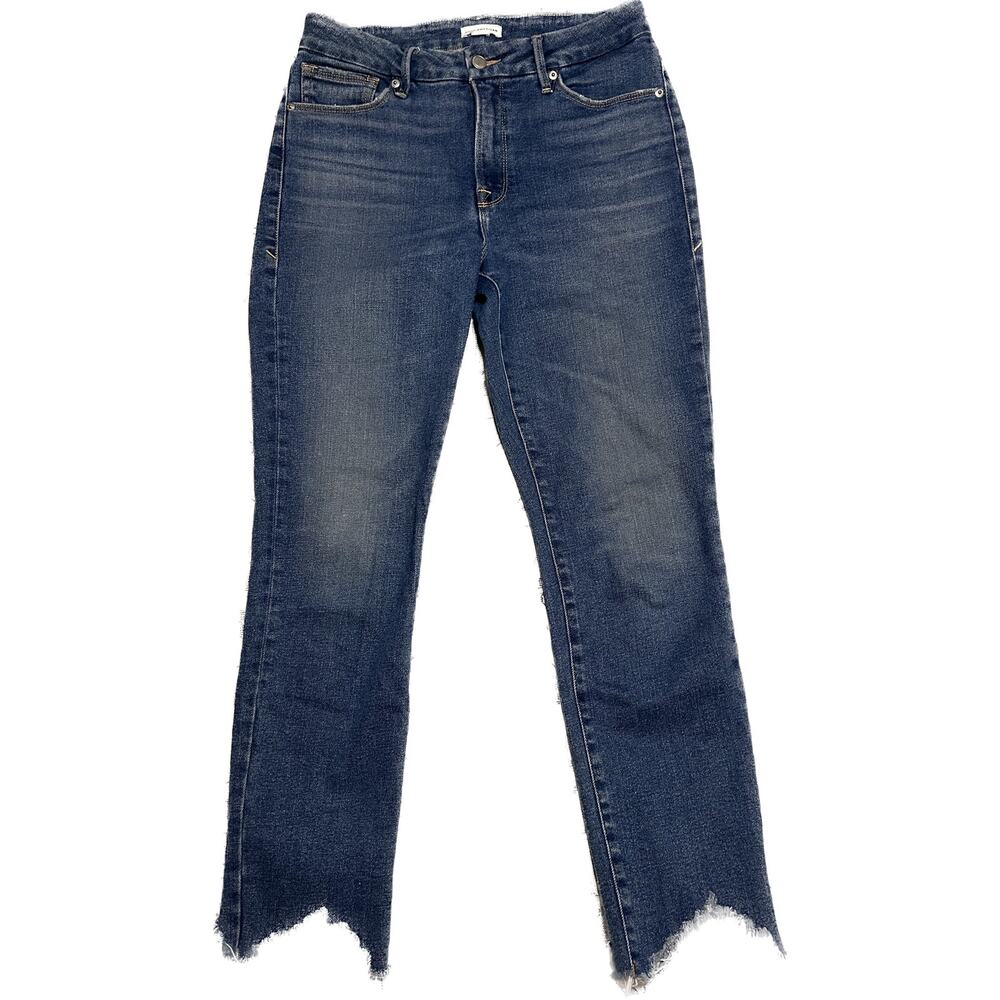 Good American Good Legs Cigarette Jeans Size 6/28 Blue Chewed Hem High Rise